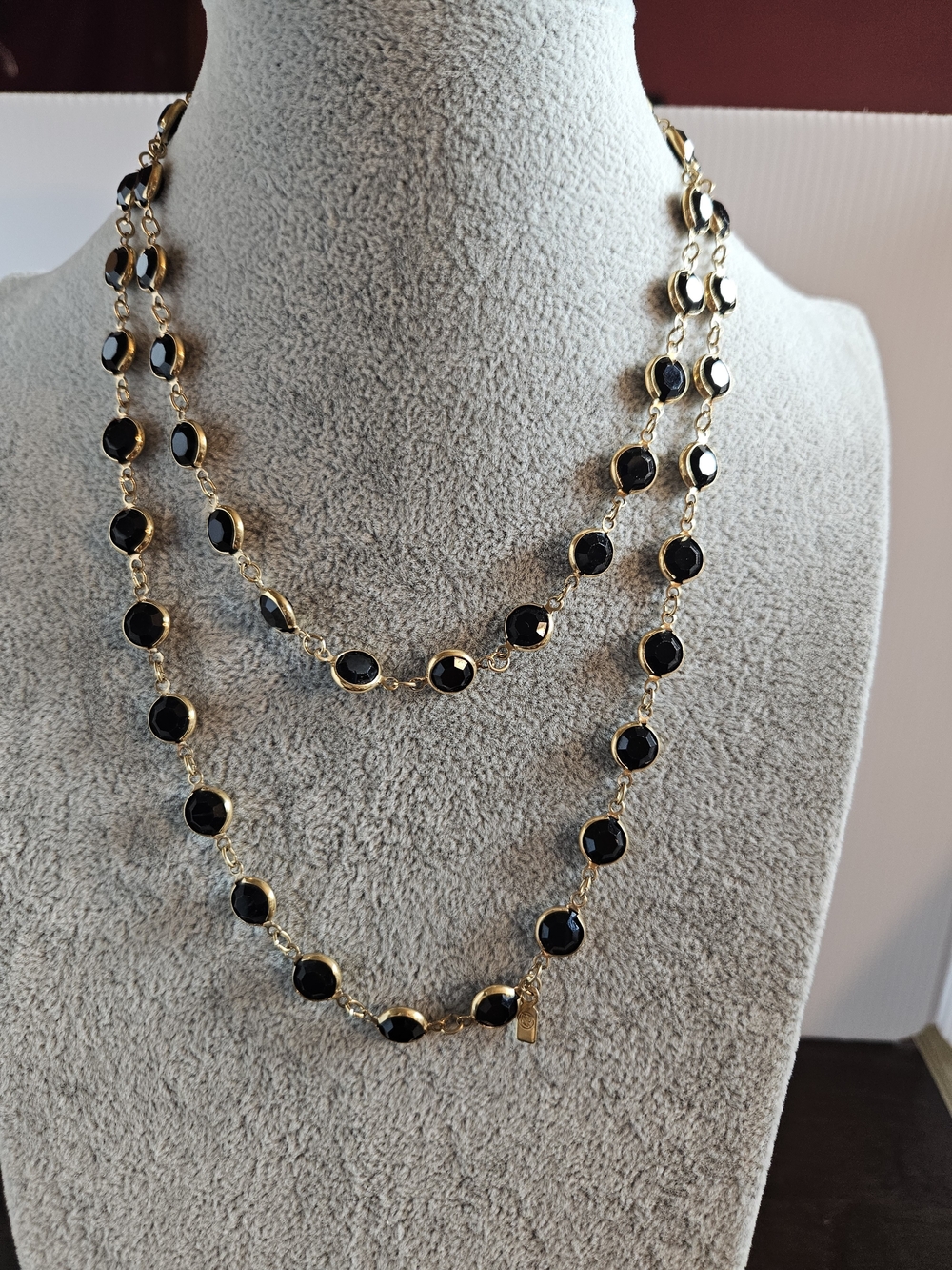 Vintage Swarovski Gold Station Necklace With Black Bezel Set Crystals 36 Inch